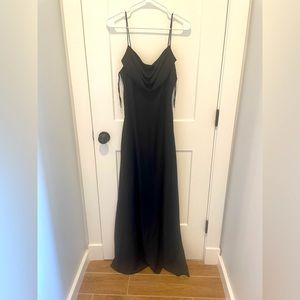 Black long formal slip dress with cowl neck